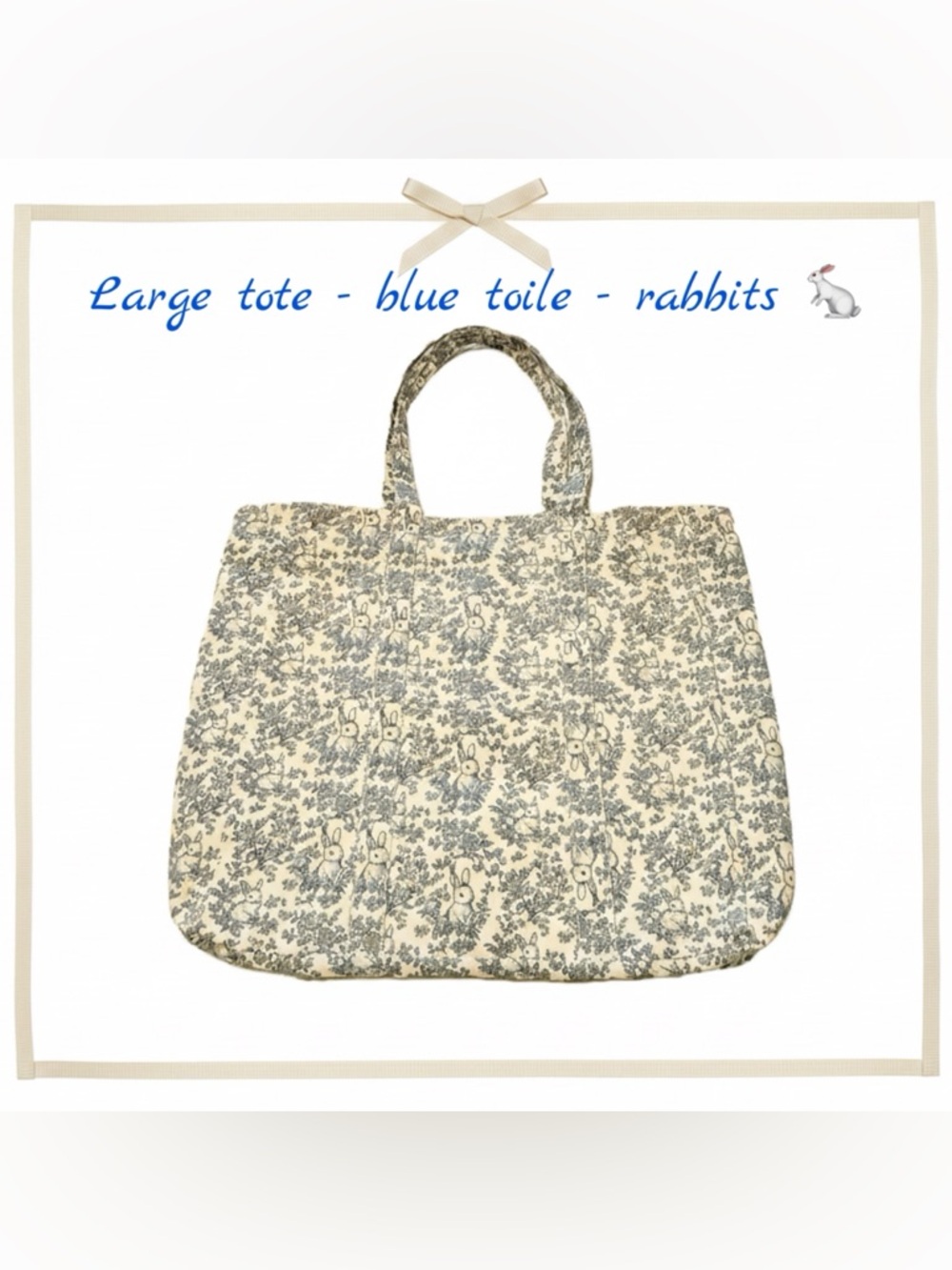 Tote bag - canvas blend - NEW! blue & white rabbit bunny toile - 20wx16hx4d
